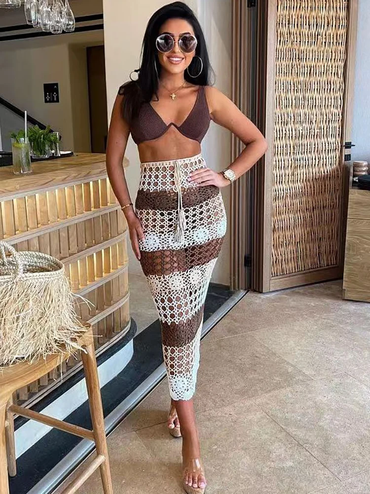 

Sanches Sexy Cutout Colorblock Hand Crochet Beach Long Skirt Bikini One-Piece Sunscreen Cover Up Skirt