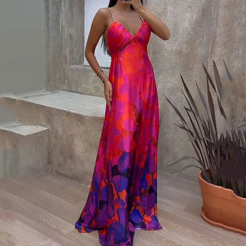 

Sexy Tie Dye V Neck Sling Maxi Dress Elegant Sleeveless V-Neck Holiday Party Dress Fashion Off Shoulder Backless Female Dresses
