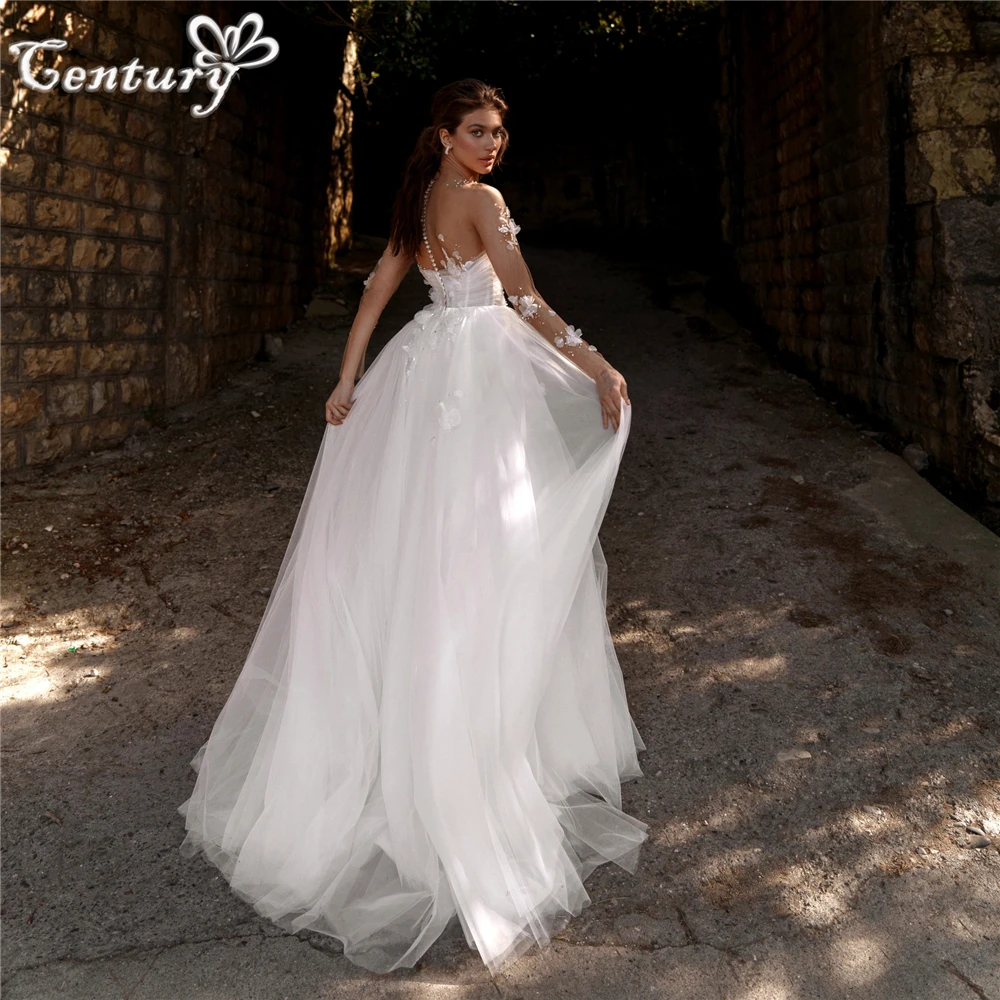 

Boho Wedding Dress Lace Appliques Beaded Long Sleeve A-Line Bride Dresses Beach Bridal Gowns vestidos de novia robe de mariee