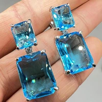 small fresh rectangular sea blue ladies earrings temperament square zircon long section show face thin banquet high end earrings