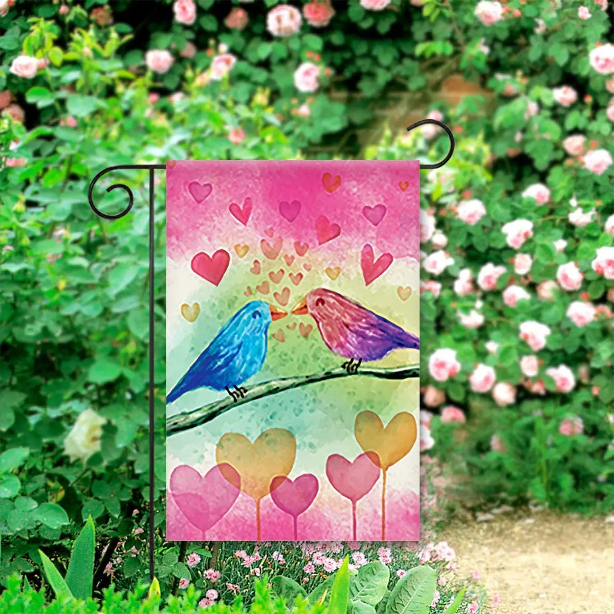 

Pink and Blue Love Birds Valentine's Day Garden Flag Outdoor Yard Flag Banner for Outside House Yard Home Decorative