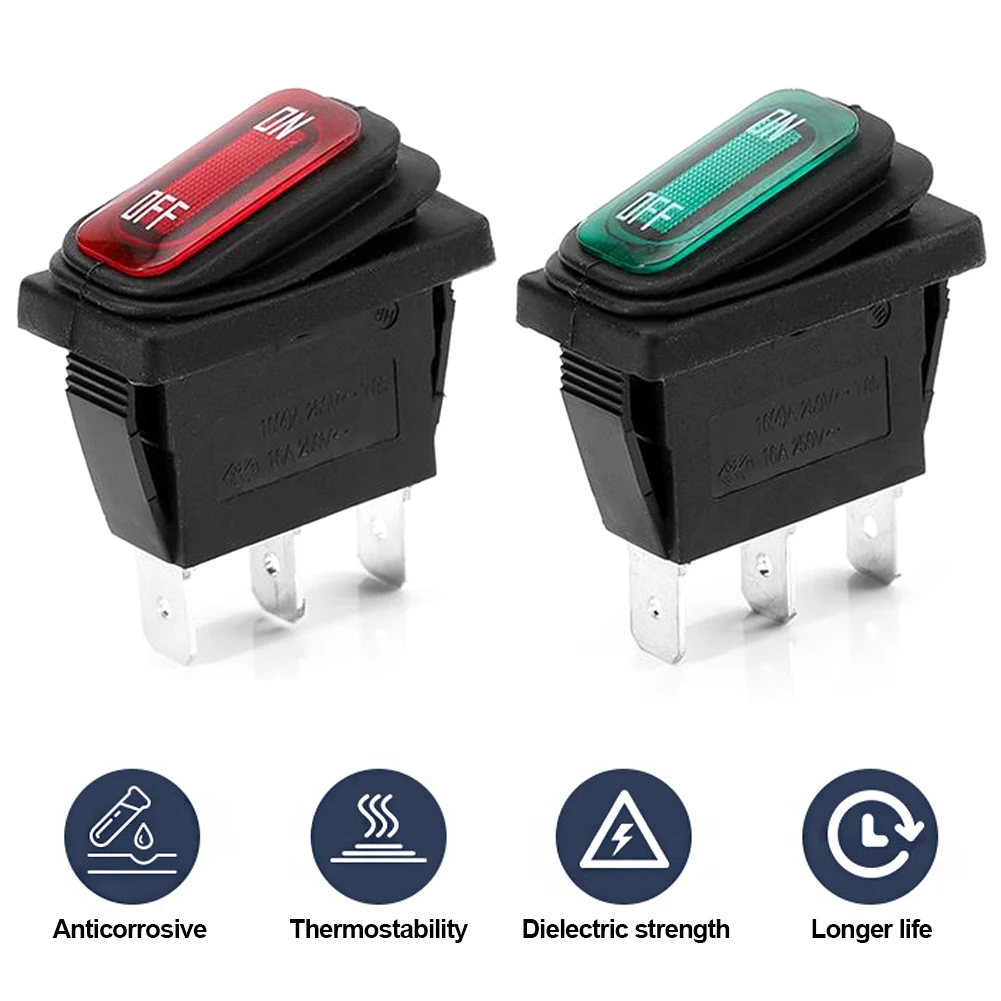 

Waterproof 3pin ON/OFF 16A 125V AC Light Power Switch High Current Rocker With LED Button Switch Ship Type Universal