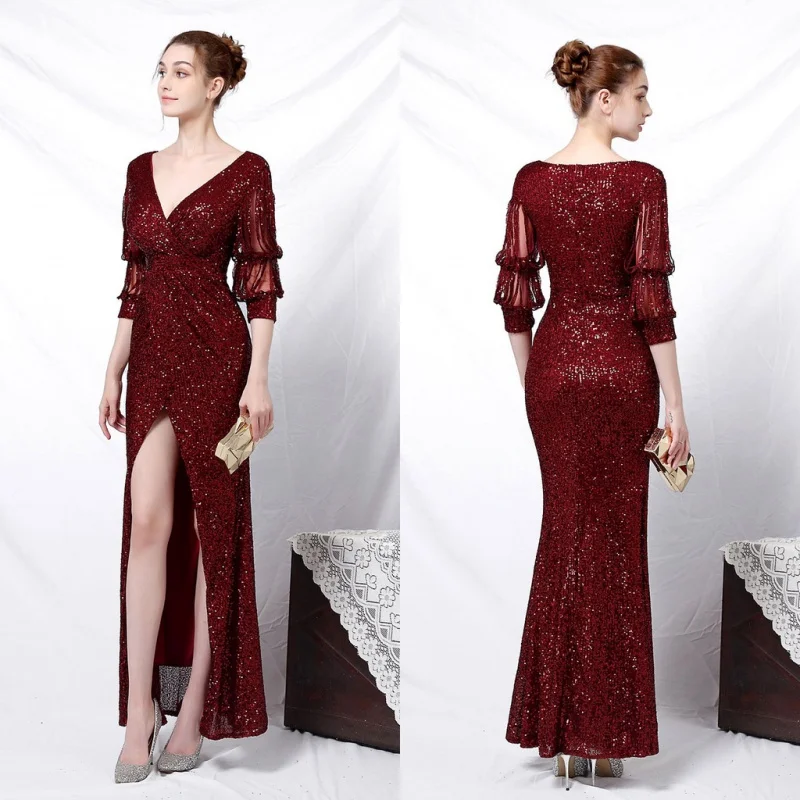 New style elegant long sleeve sequined queen fishtail evening dress for banquet women formal gown