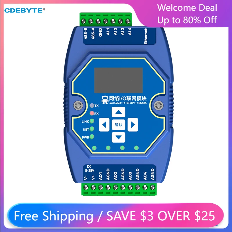 

EBYTE ME31-XAXA0404 8-28V Modbus TCP/RTU I/O Networking Module 4AI+4AO 0-20mA/4-20mA RJ45 RS485 Modbus OLED Display