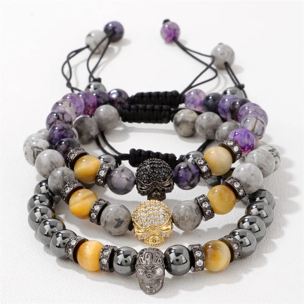 Винтажный браслет с бусинами из гематита в виде черепа для мужчин ручной работы