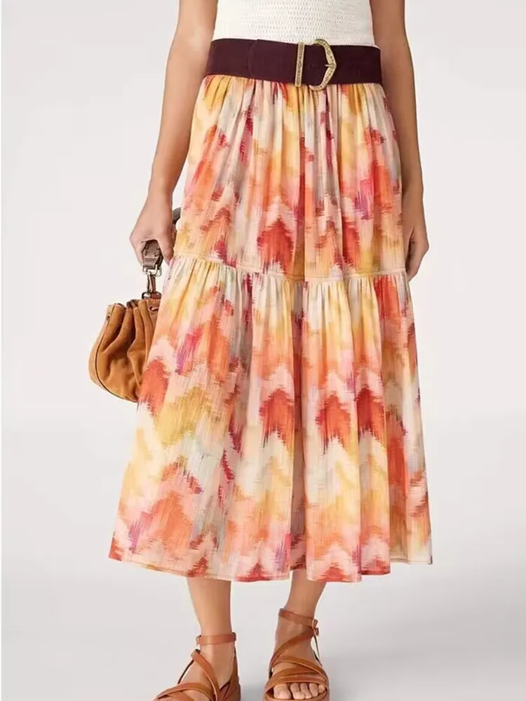

Women Colorful Print Skirt Pleated High Waist Holiday Style A-line Summer 2023 Female Midi Jupe