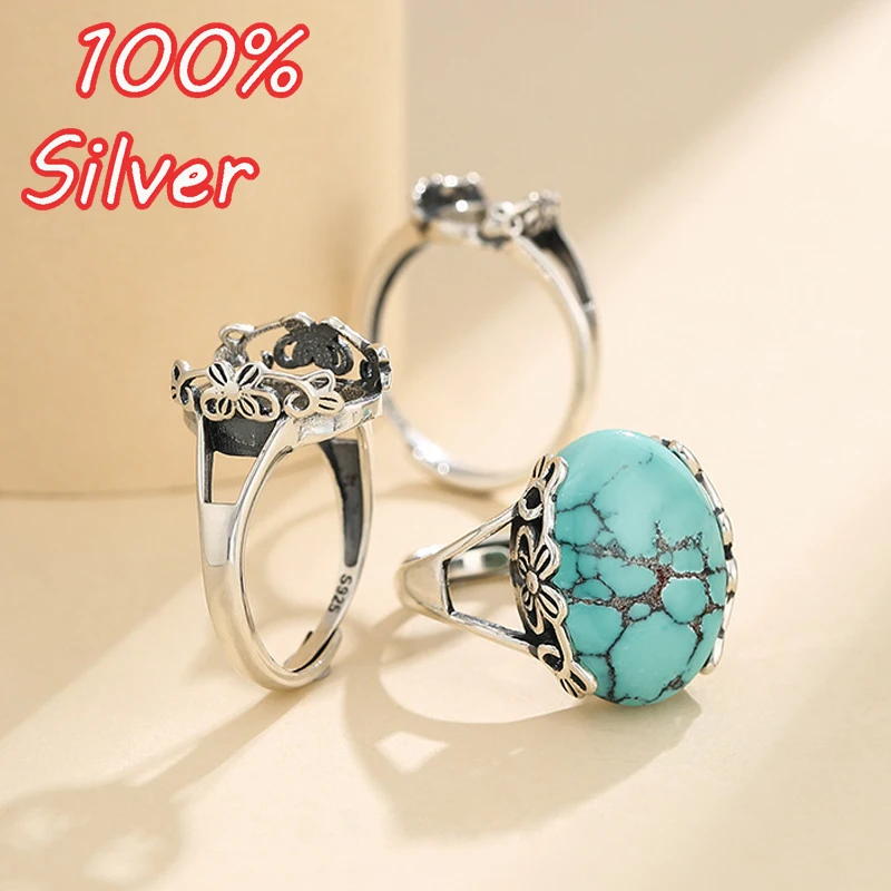 

S925 Sterling Silver Romantic Retro Simple Blank Base Adjustable Ring Fit Inlaid With Crystal DIY Jewelry Making Accessories