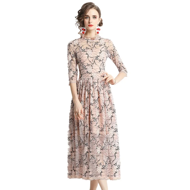 Simgent Long Lace Dress Women Fashion Three Quarter Sleeve A Line Print Elegant High Quality Dresses Vestidos Jurken SG28296