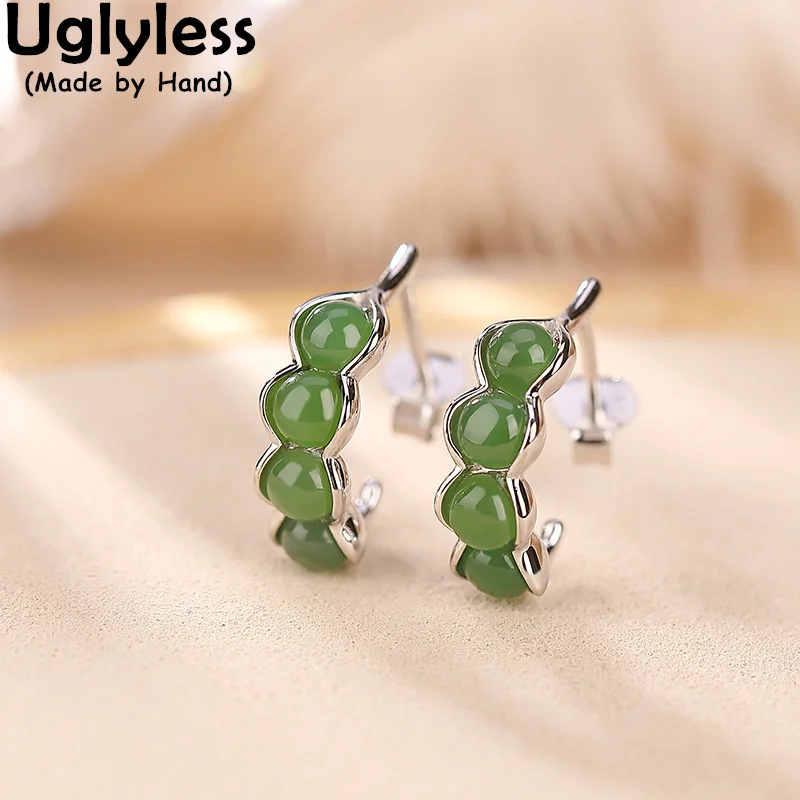 

Uglyless New Creative Pea Pods Earrings for Women Natural Jade Beans Dangle Earrings 925 Silver Gold Surface Anti-fade Brincos
