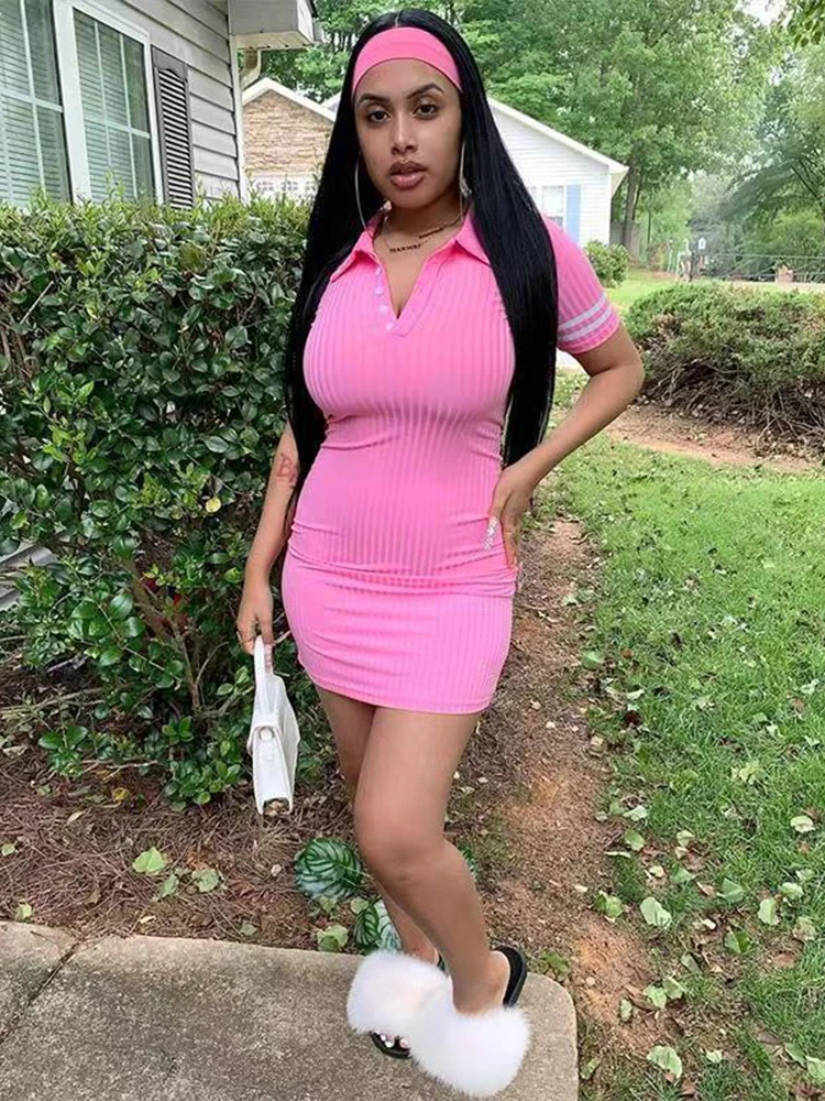 

Preppy Style Ribbed Stretchy Skinny Mini Dress Women Turn Down Collar Short Sleeve Vestidos Summer Button Down Fitness Dresses