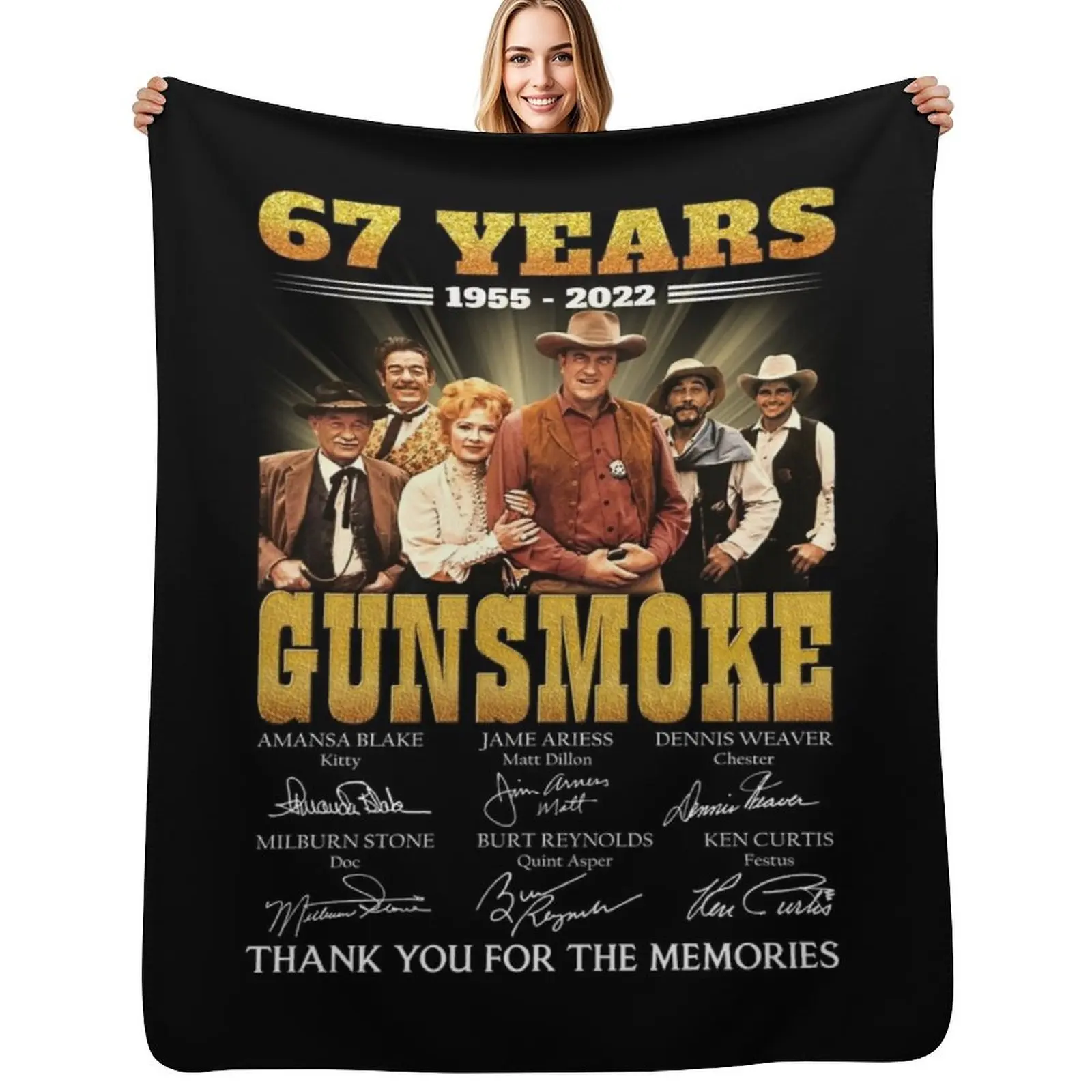 Фото Плед с автографами актеров из сериала «67 Years Gunsmoke»: «Спасибо за воспоминания». Легкий и теплый плед для использования в помещении и на улице. №1
