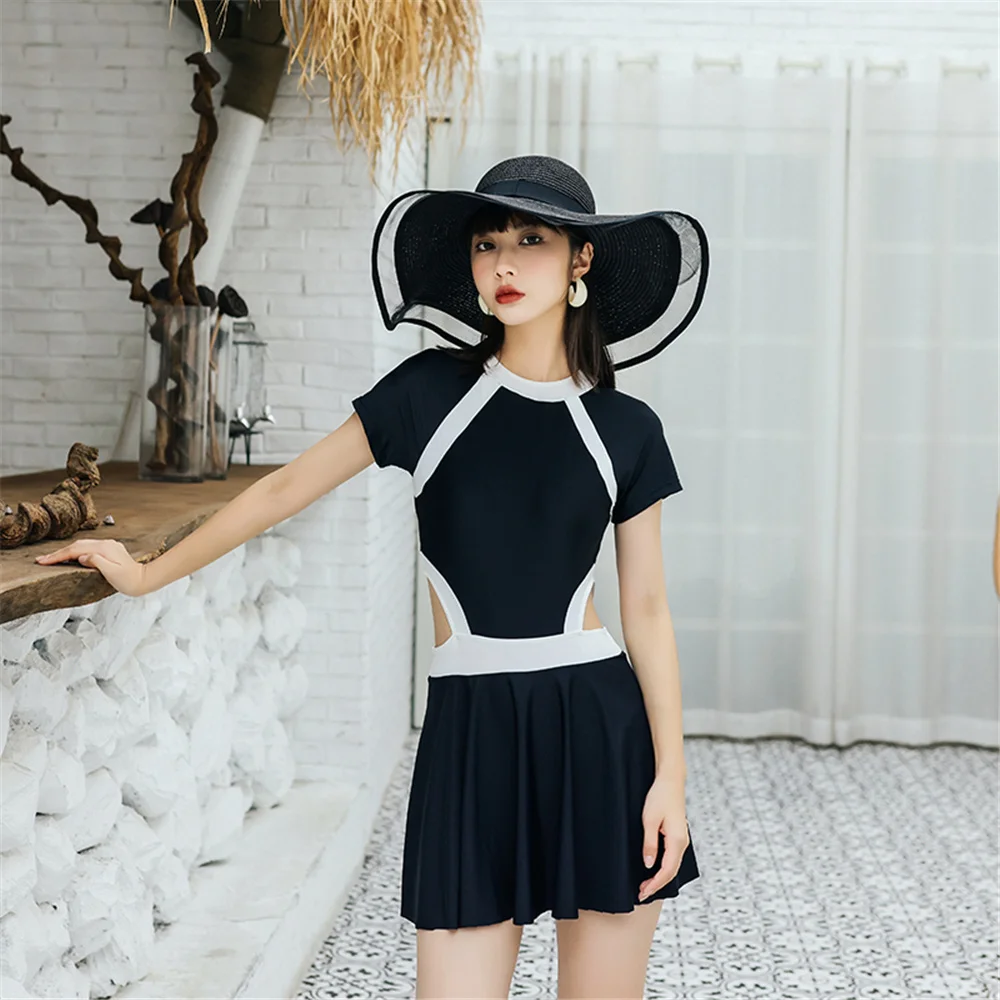 

Sexy Cut Out Back One Piece Swimsuit Women Solid Swimwear Sleeves Monokini Skirt Swim Korea Bathing Suit Push Up Pad High Neck