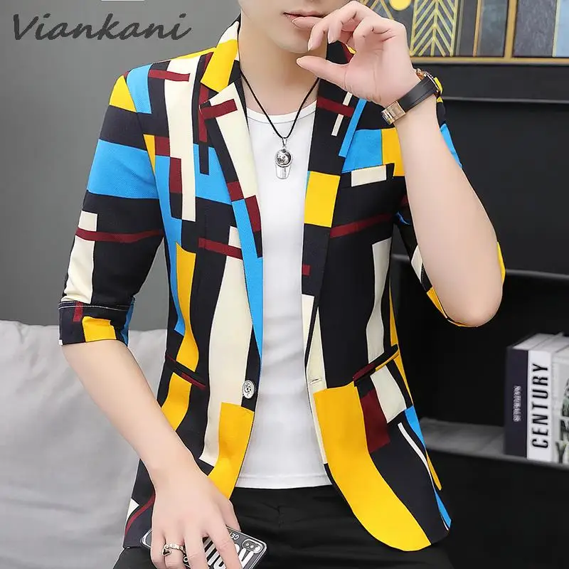 

Summer Thin Suit Men Korean Fashion Slim Leisure Jackets Plaid Small Suit with Seven Minute Sleeves Handsome Casual Blazers