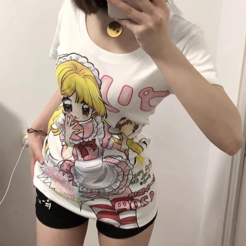 Футболки с аниме в японском стиле Deeptown, женские футболки Harajuku Kawaii с рисунком мультфильмов Y2k 2000-х годов, облегающие футболки Cutecore, эстетические