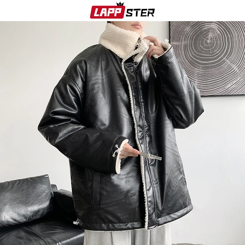 LAPPSTER-Youth Y2k Fleece Parkas Streetwear Leather Winter Jacket 2022 Lambswool Windbreaker Hip Hop Zipper Coat Double-sided