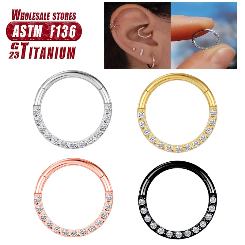 

Wholesale F136 Titanium Septum Piercing Nose Ring Zircon Cartilage Earrings Hinge Segment Clicker Women and Men Tragus Jewelry