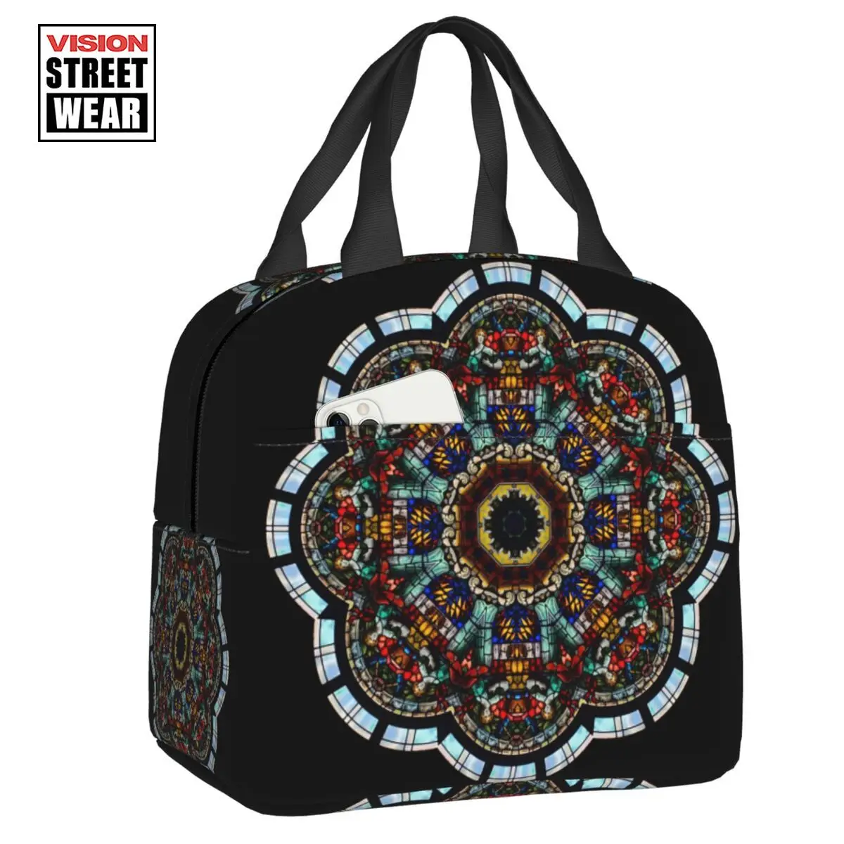 

2023 New Stained Glass Pattern Thermal Insulated Lunch Bag Bohemian Style Portable Lunch Tote Outdoor Multifunction Food Box