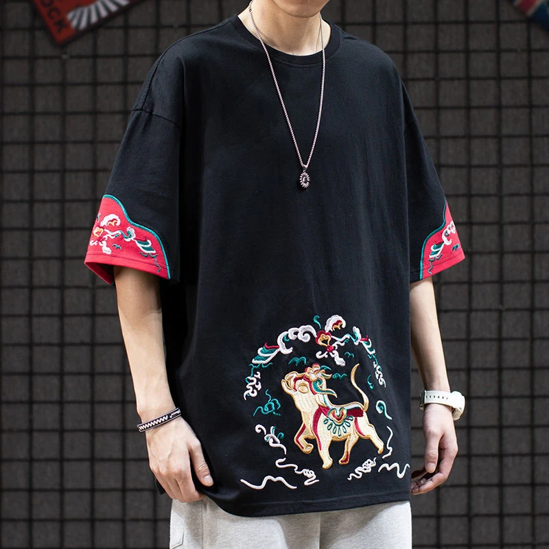 

Chinese Style Embroidery Short Sleeve Men T Shirts Summer Hip Hop Fashion Causal Oversized Couple Clothes Streetwear Black White