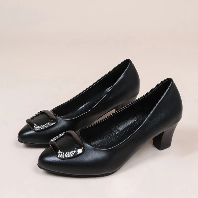 

Pumps Shallow Pointed Toe Single Shoes Women 2022 Summer New Black Soft Leather Shoe Thick Heel Office Career Fashion High Heels