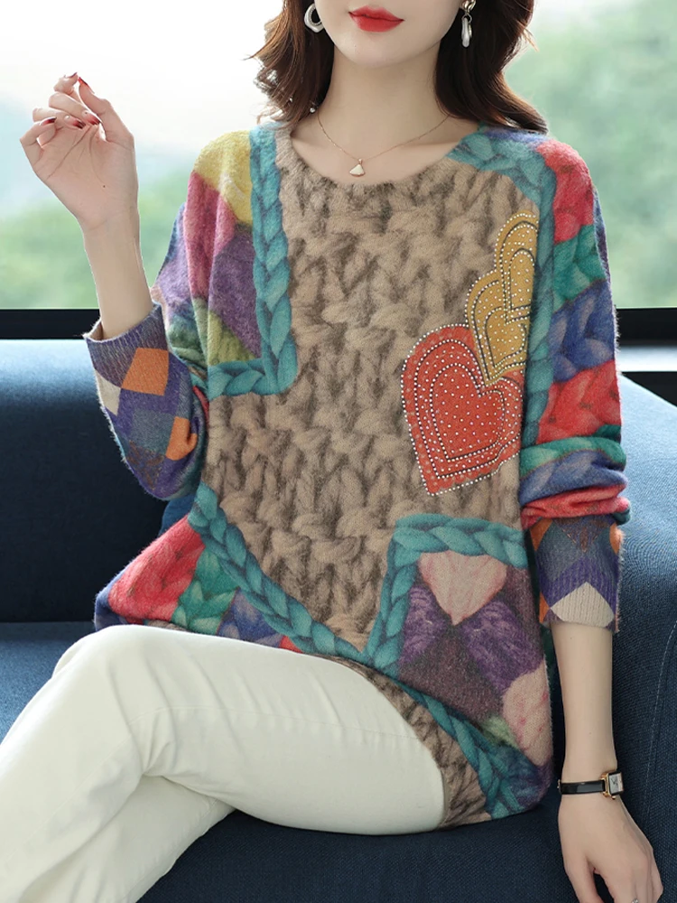 

Print Sweaters Autumn Spring Soft O Neck Knitwears Pullover Pull Femme Female Casual Jumper Long Sleeve Loose Women's Sweater