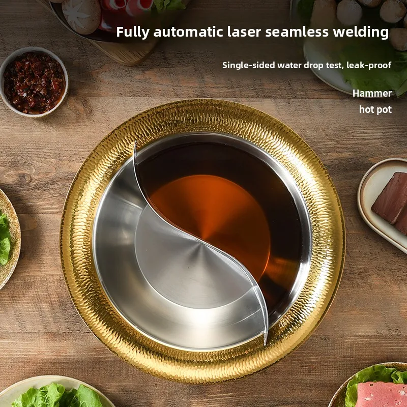 Фото Коммерческий утолщенный котелок из нержавеющей стали 304 с молотковым узором, для двух видов блюд, для индукционных и газовых плит, для приготовления прозрачных супов и горячих блюд №3
