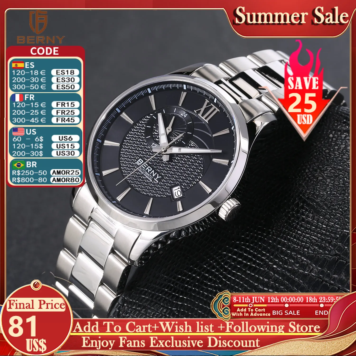 

Мужские механические часы BERNY, автоматические часы Seiko NH37 с 24 светящимися стрелками, водонепроницаемые наручные часы для мужчин
