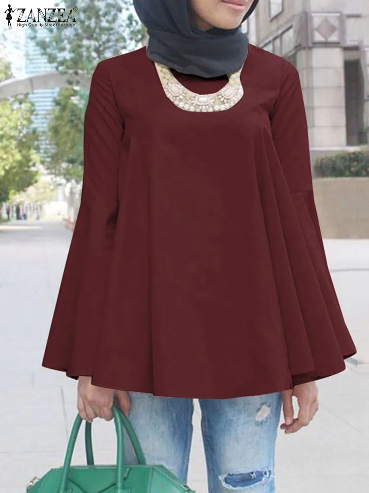 

Ramadan Hijab Blouse Fashion Muslim Tops For Women Long Flare Sleeve Shirt ZANZEA Turkey Abaya Dubai Kaftan Isamic Clothing