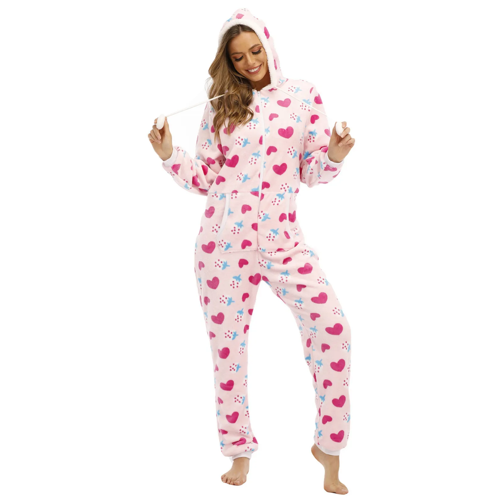 

Winter Adults Pajamas Love Heart Print Onesie Christmas Long Sleeve Zip Up Bodysuit Female Sleepwear Hooded Jumpsuit Nightwear