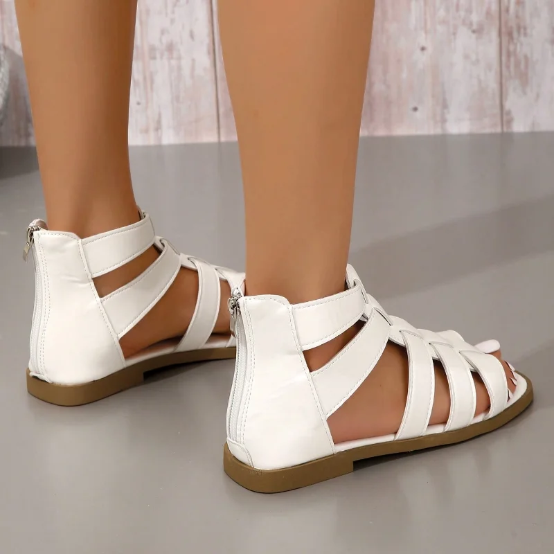 Women Solid Casual Retro Flat Sandals Vacation Outdoor Gladiator Zipper Sandals Summer hollow out Elegant PU Leather White Shoes