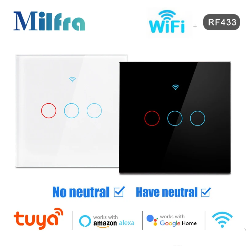 

EU Wifi Wall Light Switch No Neutral Wire 433 RF 1 2 3 Gang Tuya Smart Touch Switches AC100-240V Support Alexa Alice Google Home