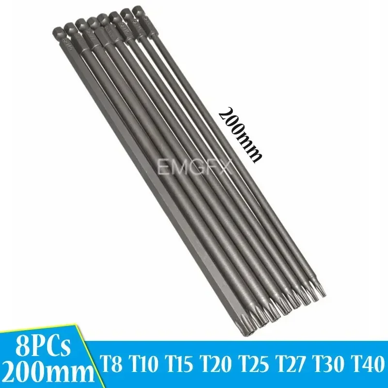 

8 шт., отвертка Torx T20, 200 мм, магнитная, устойчивая к несанкционированному доступа, отвертка T8-T40, звездообразный ключ, набор сверл, шестигранный хвостовик 1/4 дюйма