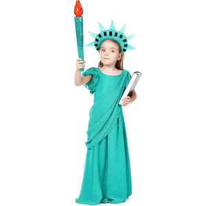Kids American Statue Of Liberty Cosplay Costume Ancient Greek Girls Dress Turquoise Ancient Roman Robe  Masquerade Party Costume