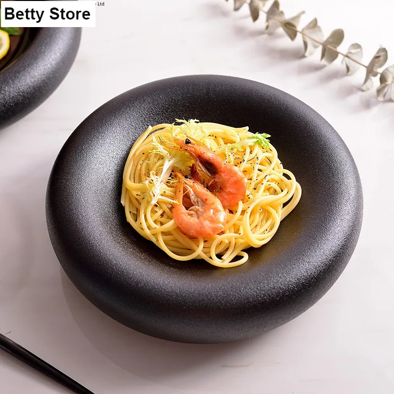 

Обеденный набор в японском стиле, Тарелки и блюда 9 дюймов, матовые черные керамические блюда, круглая глубокая тарелка для макаронных издел...