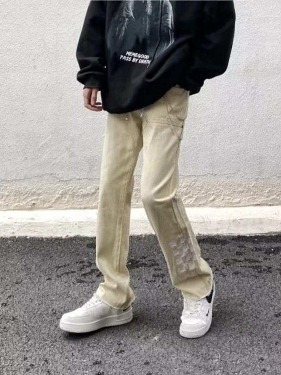 Four Seasons American High Street Checkerboard Embroidery Jeans Hiphop Tide Brand Loose Micro-flare Trousers for Men and Women