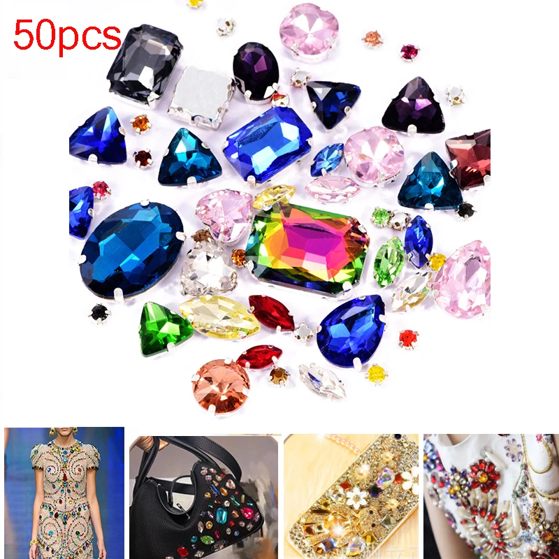 

50pcs Pack Bulk Rhinestones Glitter Mix Shape Flatback Sew on GlassCrystal Rhinestone Diy for Needlework Clothes Shoe Dress