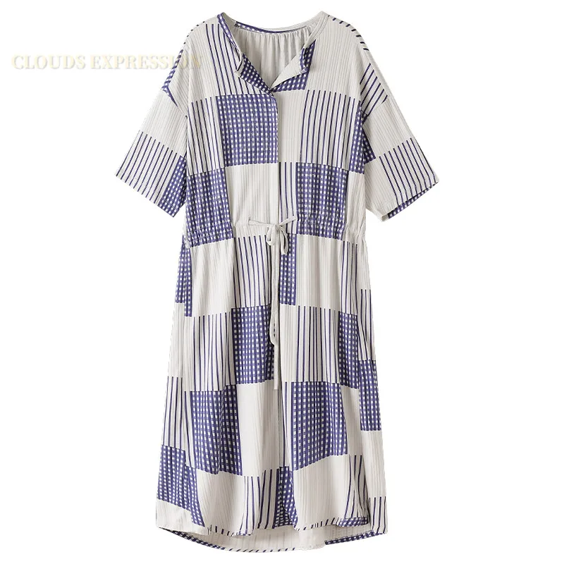 

Summer New Knitted Cotton Night Dress Plaid Nightgowns Sleepshirts Women Shirt Nightgowns Homewear Nightdress Dresses Home Dress