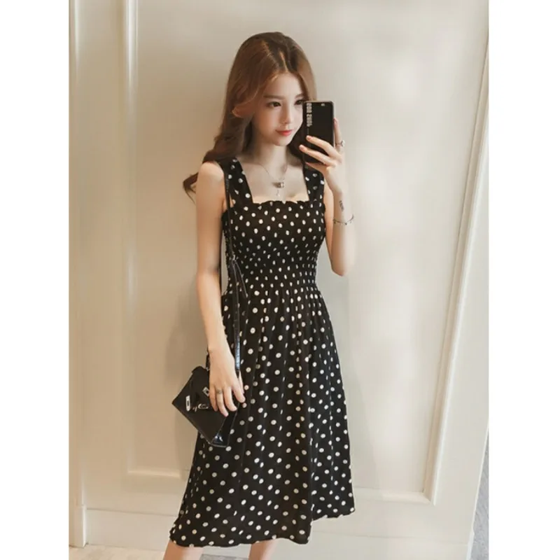 

Women Dress Loose Sleeveless Polka Dot Shoulder Casual Korean Fashion Comfort Pullover Dress Y2k French Elegant Boho Vestidos