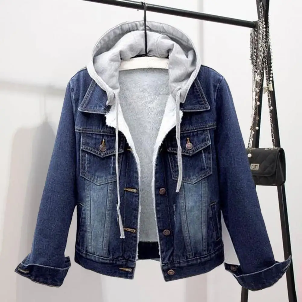 

M-5XL Women Fleece Denim Jacket Hooded Long Sleeves Detachable Hat Thick Keep Warm Single-breasted Plus Size Plush Winter Coat