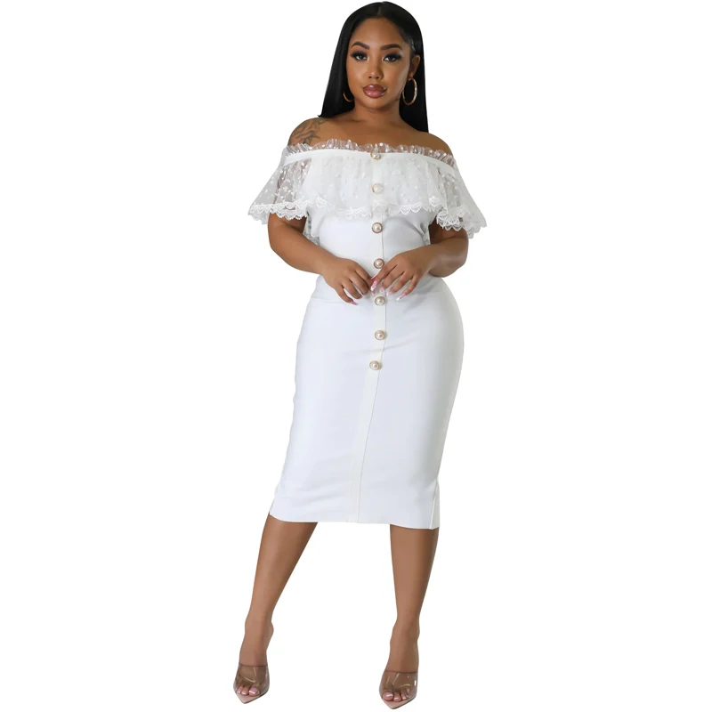 

Women Button Front Mesh Dress Summer Solid Patchwork Off Shoulder Sexy Party Evening Dresses Elegant Vestidos