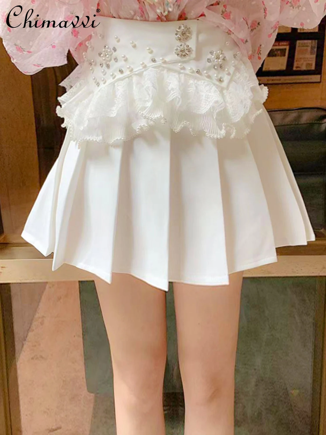 

White Pleated Skirt for Women 2022 Summer Clothes New Korean Fashion Sweet Beaded Lace Lace Stitching High Waist Slimming Skirts