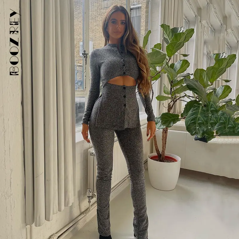 

Комплект BoozRey из двух предметов Y2K, женские костюмы с длинным рукавом, футболка на пуговицах и длинные брюки, женские повседневные комплекты ...