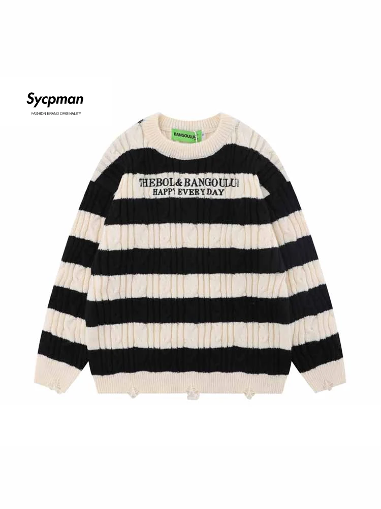 

Винтажный полосатый вязаный свитер Sycpman для мужчин и женщин, Осенний Свободный пуловер с длинным рукавом для пары, повседневный Топ, уличная одежда