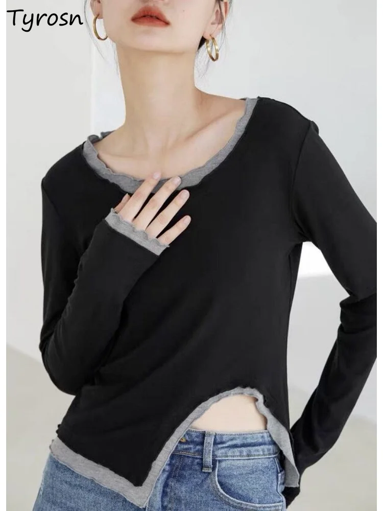 

T-shirts Women Patchwork Daily Basic Simple Irregular Students Fake 2pcs Comfortable Slim Korean Style All-match Spring Leisure