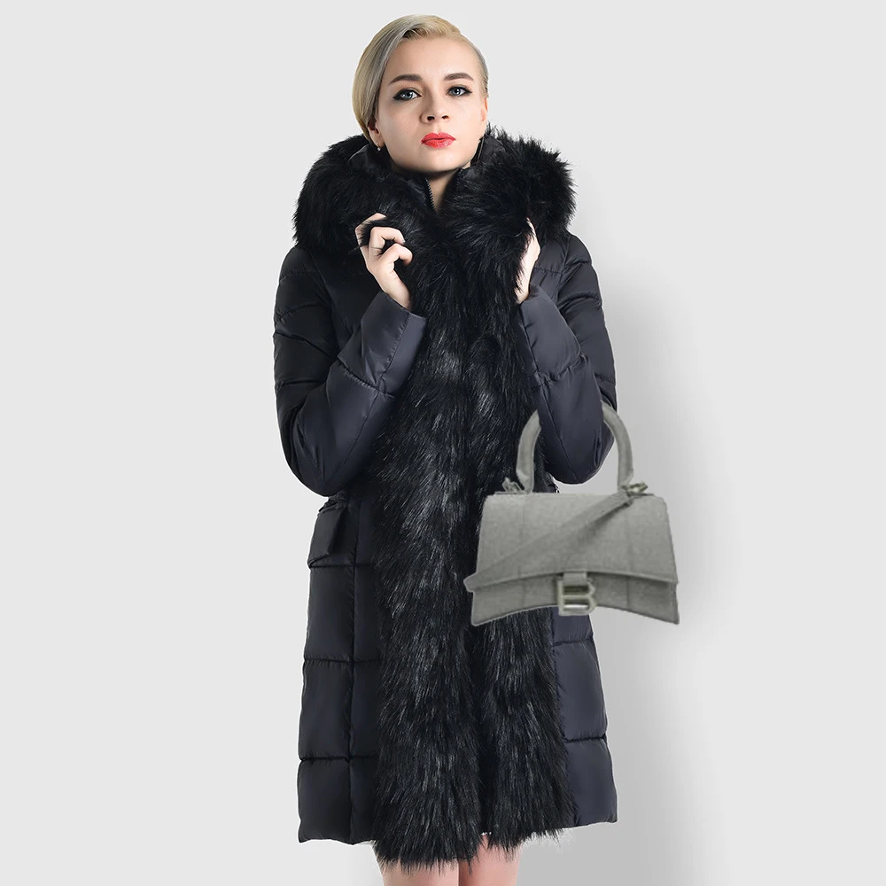 

Elegant Warm Womens Sustans Padded Long Coat Winter Zipper Hooded Long Fur Collar Lady Cotton-padded Clothes Jacket