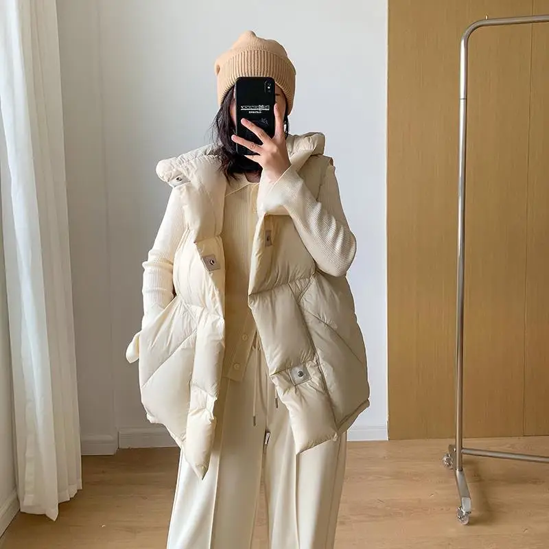 Winter New Vest Down Coat Women Short Thickened Loose Hooded White Duck Down for Women