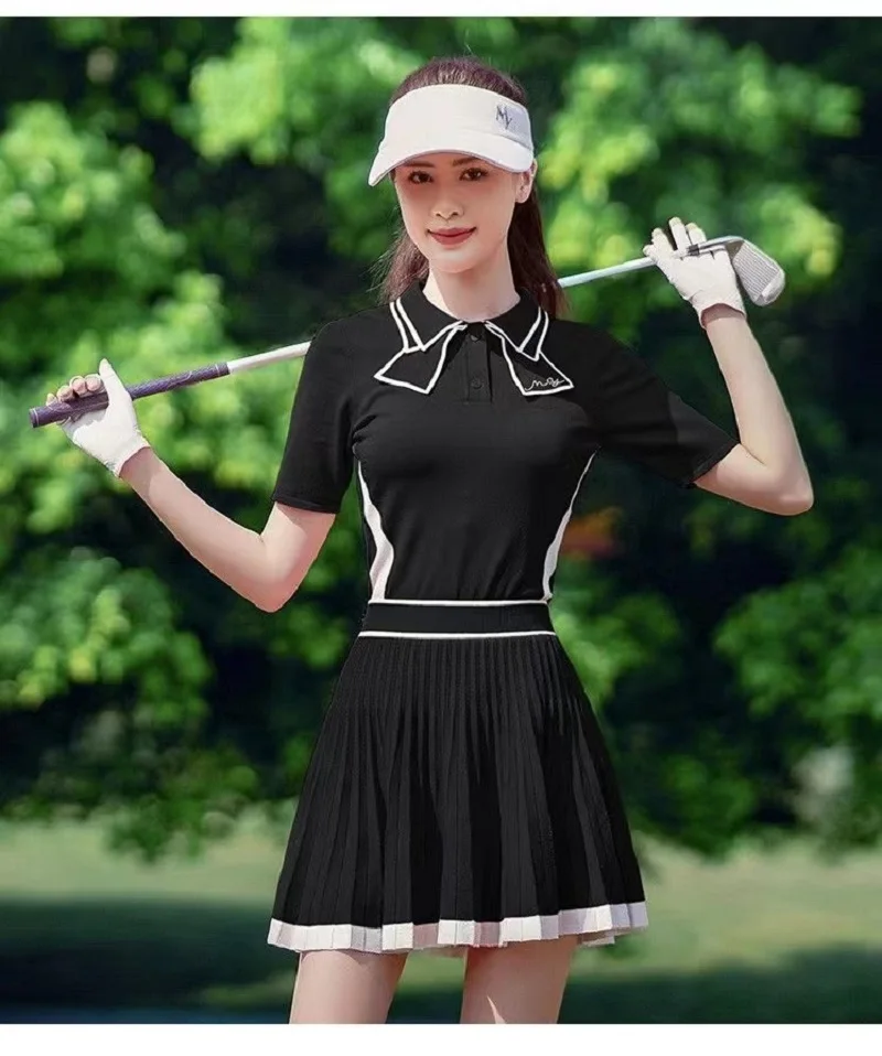 

Spring And Summer Women's Golf Black Cool Short Sleeve Bow Tie Shirt Matching Contrast Pleated Skirt