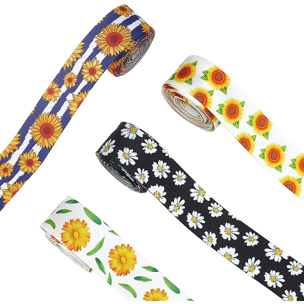 

4 Rolls Single Face Grosgrain Ribbon Flower Patterns Printed Ribbons for Wrapping Hair Bows Packaging Party Decoration