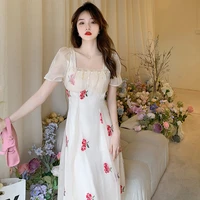 2022 summer new french retro square collar heavy industry embroidered fairy skirt short sleeved chiffon dress skirt suspenders