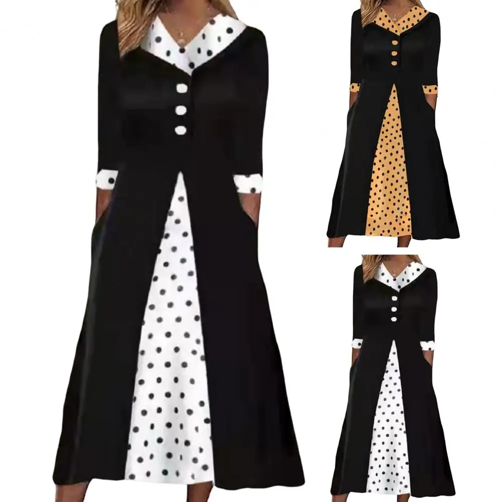 

Elegant Chic V-Neck Office Lady Pockets Dresses For Women 2023 Women's Long Sleeve Buttons Pullovers Loose Dot Female Dress
