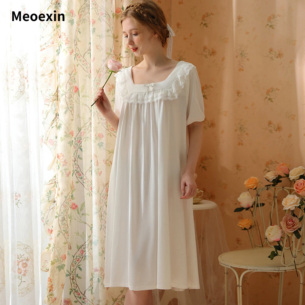 

Meoexin Summer New Princess Pajama Dress Short Sleeve Palace Style Cotton Sweet and Lovely Loose Thin Women's Pajamas Nightgowns